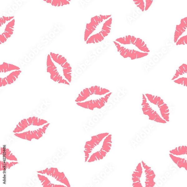 Obraz Seamless pattern with lips on white background. Hand drawn background with kisses, Design print to social media, textile, wallpaper, wrapping paper, flyer, home decor