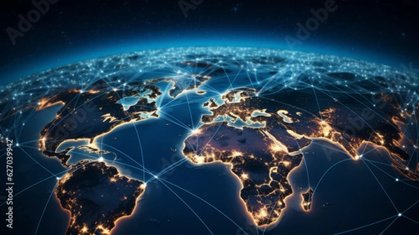 Obraz Planet Earth at night seen from space showing North America, South America, Europe, Africa, Asia and the Middle East connected in a global network, technology and global community concept.