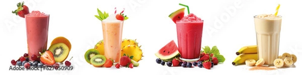 Fototapeta Row of healthy fresh fruit and vegetable smoothies with assorted ingredients served in glass bottles with straws isolated on transparent background