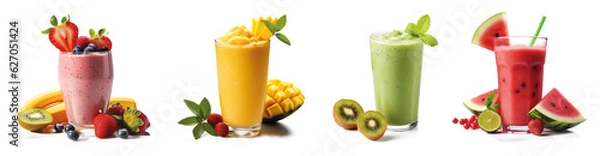 Fototapeta Row of healthy fresh fruit and vegetable smoothies with assorted ingredients served in glass bottles with straws isolated on transparent background