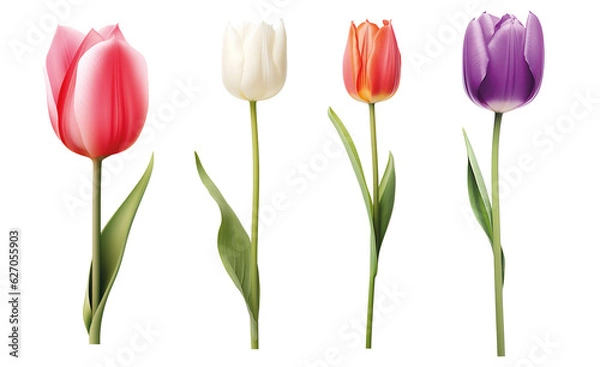 Fototapeta Row of colourful tulips isolated on transparent background