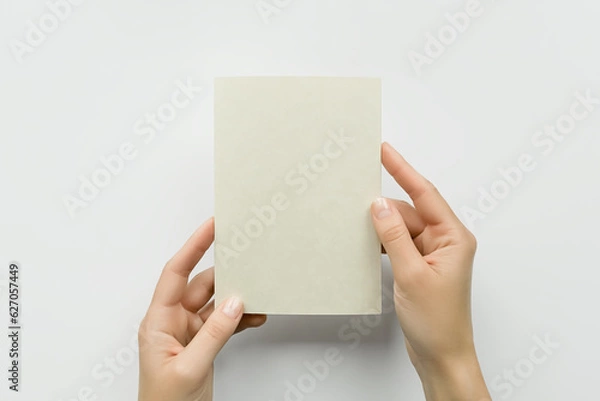 Fototapeta female hands holding a blank postcard on a gray background