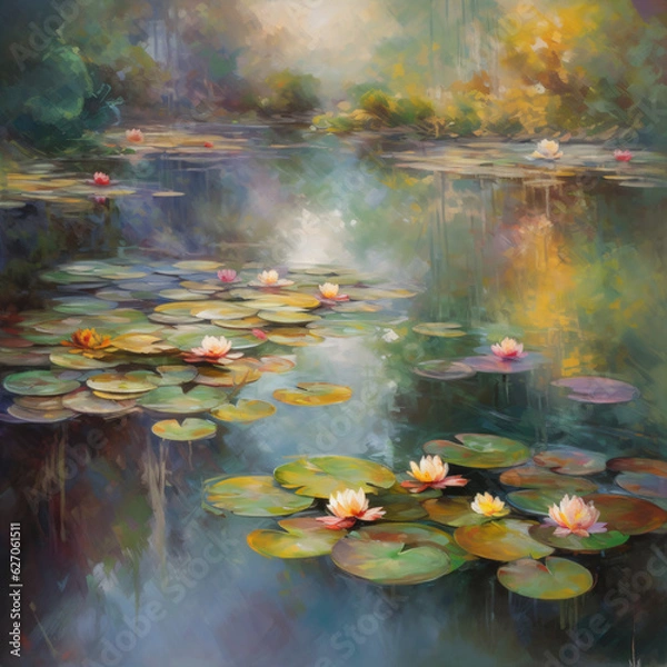 Fototapeta oil painting of Water lilies in a serene pond Generative Ai