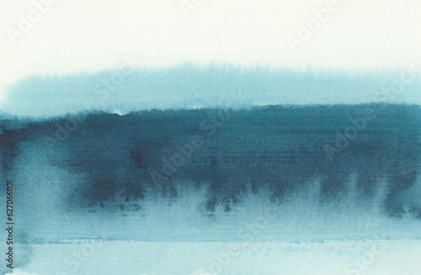 Fototapeta Ink watercolor smoke flow stain blot on wet paper texture background.. Blue color abstract landscape.