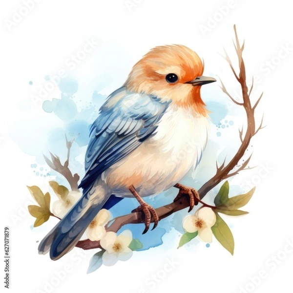 Fototapeta bird on a branch in a watercolor style on a white background. Generative AI