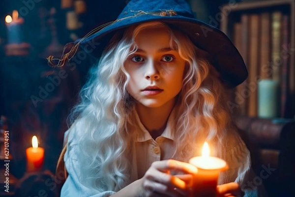 Fototapeta Portrait of Little girl witch in witches hat with candle makes a spell. Halloween concept