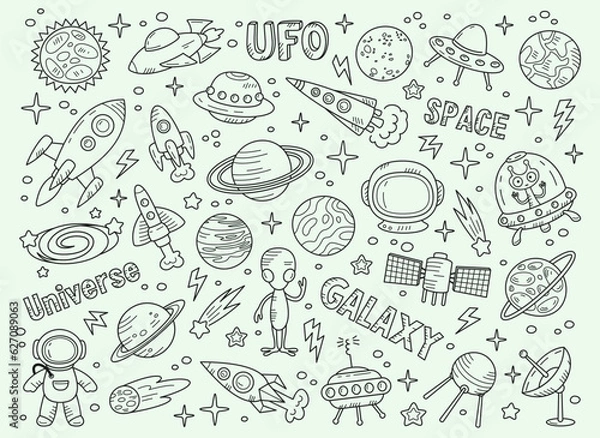 Fototapeta Outline icons with space. Monochrome retro print with ufo elements and space ships, planets and comets, aliens and astronaut. Astronomy, stars and universe concept. Linear flat vector collection