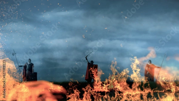 Fototapeta Three Roman soldiers declare victory on a battlefield engulfed in flames and heat on a cloudy day.