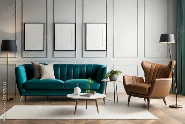 Fototapeta Three blank picture frame mockup in home interior design. Living room, commode with leather sofa, lamp and vases