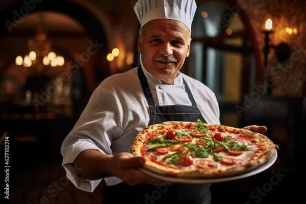 Fototapeta Taste of Italy. A pizzaiolo Chef from Naples Showcasing a Delicious Piping Hot Pizza. Copy Space. Neapolitan Margherita Gastronomy AI Generative	
