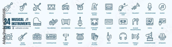 Fototapeta Simple Set of Musical instrument line icon set. Strings, winds, keyboards, percussion. Editable Stroke. 48x48 Pixel Perfect