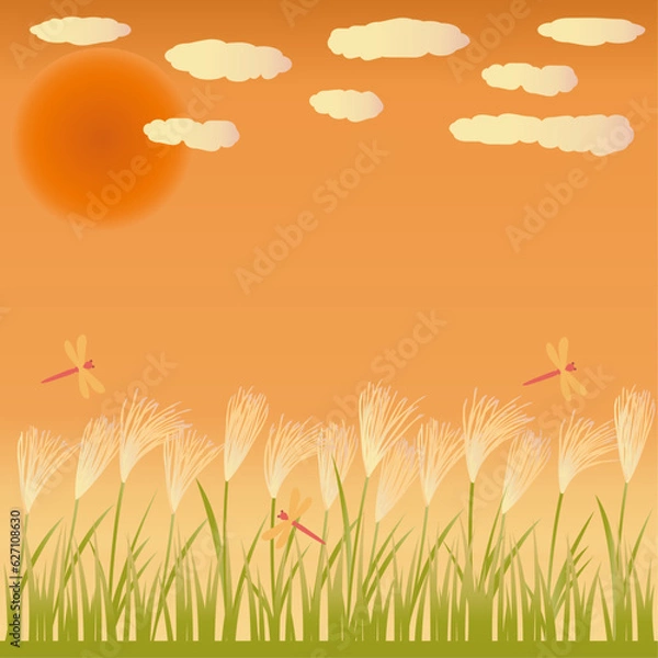 Fototapeta ススキと赤とんぼと夕暮れの秋をイメージしたイラスト　正方形バージョン