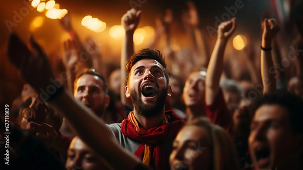 Fototapeta group of people fans celebrate and cheering while watching the game