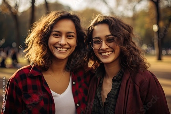 Obraz Two happy indian girl friends in its 30s enjoying themselves in the park