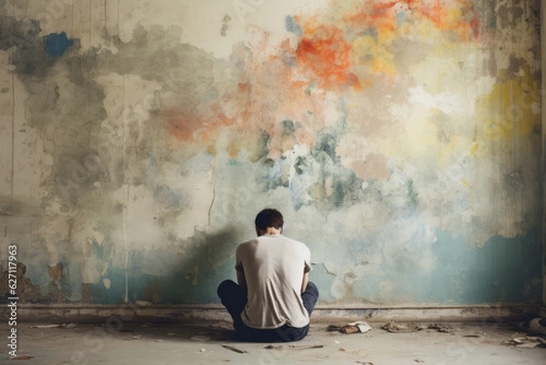 Obraz Man sitting infront of grunged old wall. Mental health, solitude, addiction concept. AI generative, illustration with copy space