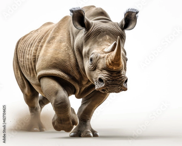 Obraz a rhinoceros jumping on isolate white background Generative ai