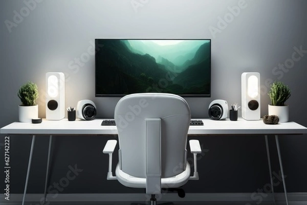 Fototapeta Modern and minimalist gamer setup with white colors, Gamer setup with table, chair, monitor and decor, Generative AI