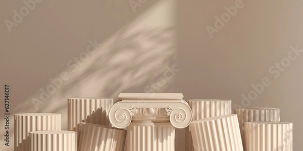 Obraz 3d classic podium with light shadow brown background for cosmetic, perfume and product presentation. 3d rendering illustration.