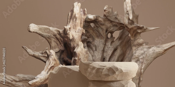 Fototapeta 3d abstract background. 3d rustic old wood and stone display for perfume and cosmetic product background. 3d rendering illustration