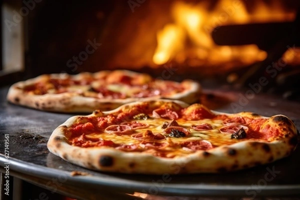 Fototapeta two pizzas are sitting in front of a wood fired oven, created by Generative AI