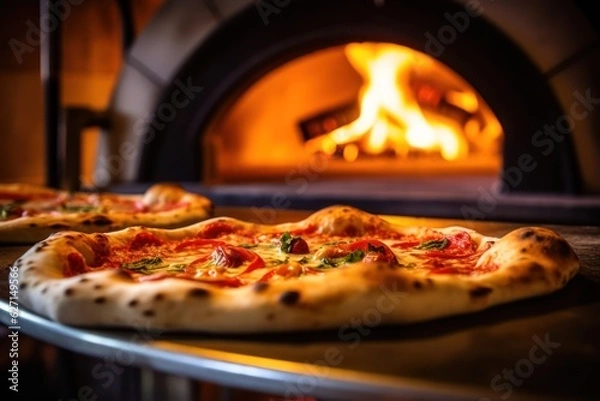 Fototapeta two pizzas are sitting in front of a wood fired oven, created by Generative AI
