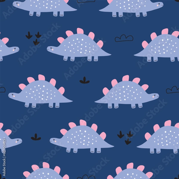 Fototapeta Seamless pattern with cute dinosaurs for kids. Suitable for textile, nursery, wallpaper, wrapping paper, clothes.