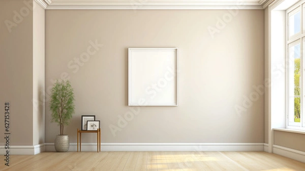 Fototapeta Blank picture frame mockup on beige wall. Copy space. Living room design. Home staging and minimalism concept. Generative AI 