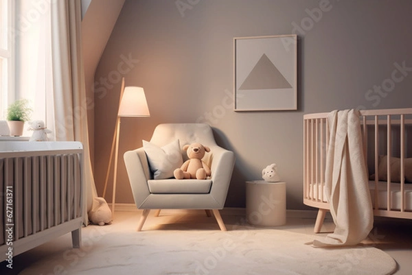 Fototapeta Mock up poster frame in children room interior background, 3d render