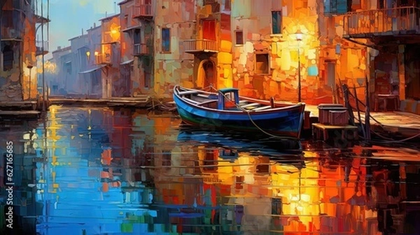 Fototapeta painting style illustration of a boat dock at canal side, ancient vintage building, Generative Ai