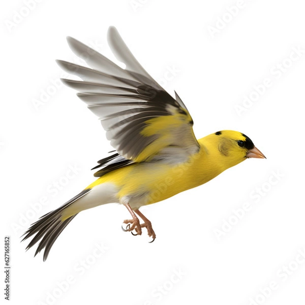 Fototapeta American Golfinch in Flight, American Goldfinch, wild bird, bird watching, realistic illustration,
 side view, transparent background, png, generative ai