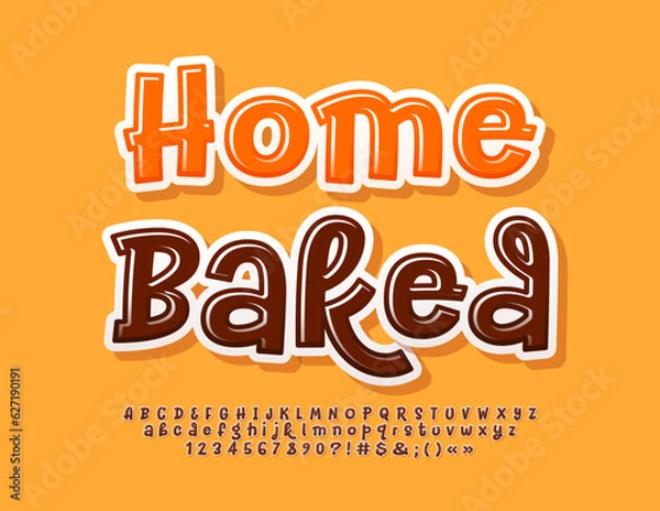 Fototapeta Vector playful logotype Home Baking. Glossy Brown Font. Bright Alphabet Letters and Numbers set.