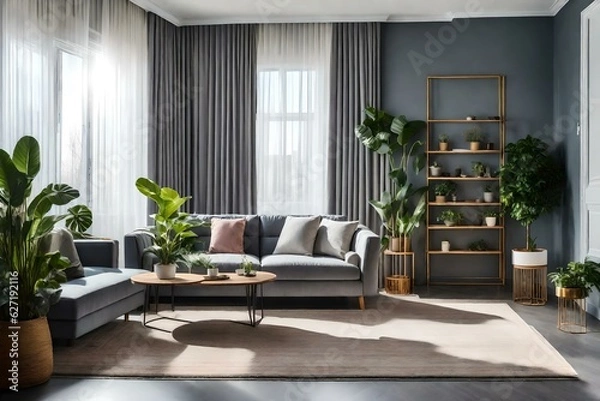 Fototapeta interior design of gray walled living room with comfortable sofa center table carpet curtains potted plants while window sunlight illuminating