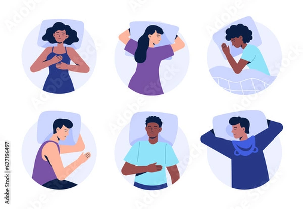 Fototapeta Set of sleeping characters. Women and men lie in various poses. Sleep on your back, side, and stomach. Top view. Vector illustrations in flat style.