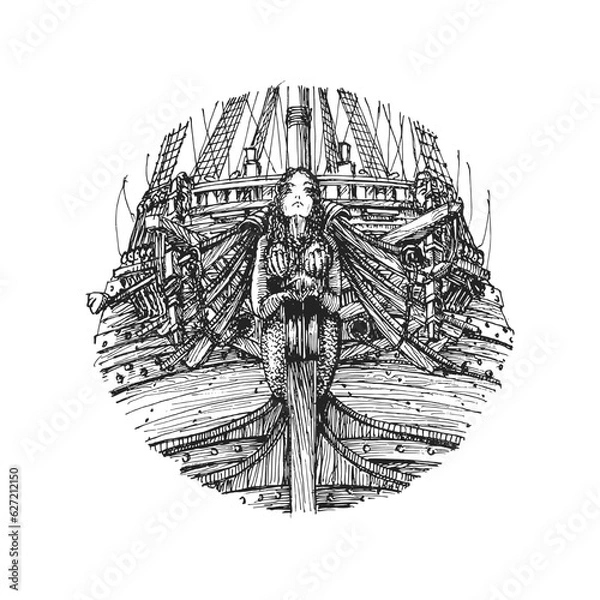 Fototapeta Mermaid, figurehead, hand drawn sketch in vector