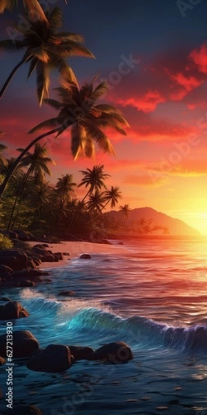 Fototapeta beautiful tropical background with palm trees and ocean for smartphone screen, AI Generated