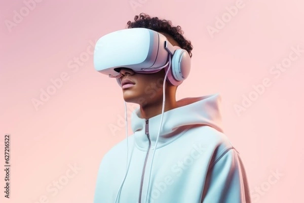 Fototapeta Biracial man wearing vr and ar headset on pink background, created using generative ai technology