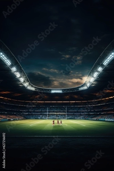 Obraz Sports stadium with rugby field and players, created using generative ai technology