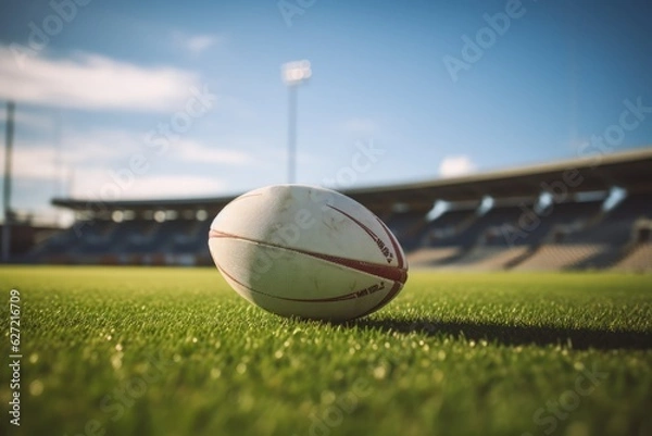Fototapeta Close up of rugby ball on rugby field, created using generative ai technology