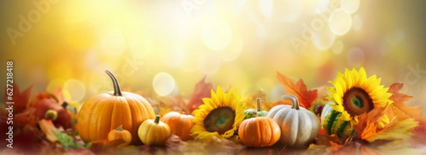 Fototapeta Jesienne świąteczne tło. Radosny sztandar z ciepłymi sezonowymi kolorami, składem dyń, jesiennych liści i słoneczników. Święto Dziękczynienia.