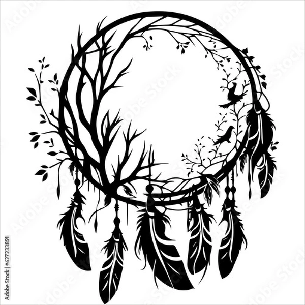 Fototapeta Dream catcher, tribal style, tree, twigs, feathers, vector graphic on white background