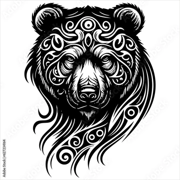 Fototapeta Black bear face, head, tribal style, silhouette, pattern, grizzly, isolated on white background
