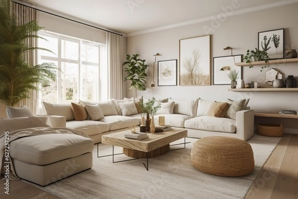 Fototapeta Cobalt blue sofa and other antique furniture on a wooden floor in a spacious living room interior of a classic mansion. Generative AI
