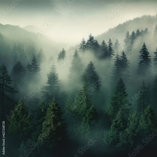 Fototapeta Foggy landscape with spruce forest in hipster vintage retro style