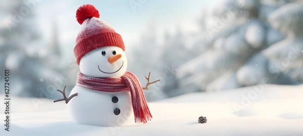 Fototapeta Smiling Snowman Standing Near Spruce Trees in Winter Scenery