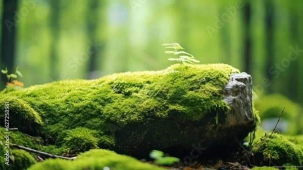 Fototapeta A stone covered with green moss in the forest. Wildlife landscape. Beautiful Bright Green moss grown up cover the rough stones and on the floor in the forest. Product display mockup.
