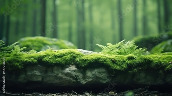 Fototapeta A stone covered with green moss in the forest. Wildlife landscape. Beautiful Bright Green moss grown up cover the rough stones and on the floor in the forest. Product display mockup.