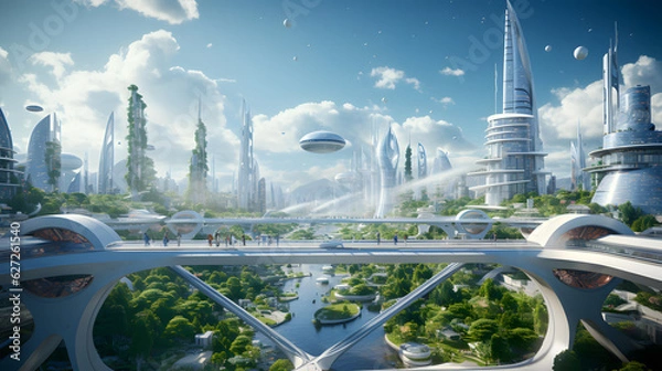 Fototapeta A world of the future with cutting-edge technological imagery featuring futuristic architecture, smart cities and sustainable innovation