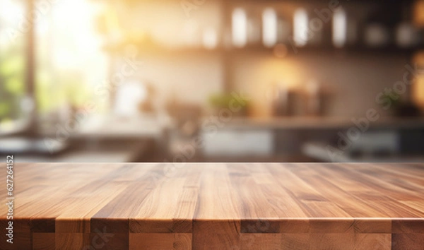 Fototapeta brown wooden table top kitchen interior background in  and blurred defocused with daylight flare bokeh, product montage display