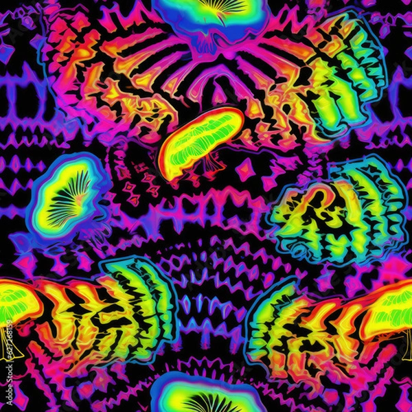 Fototapeta Magic mushroom psychedelic colorful vivid tie-dye repeat pattern