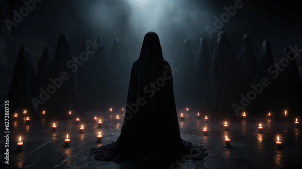 Obraz Mysterious Dark Ceremony with People in Black Robes Surrounded by Candles